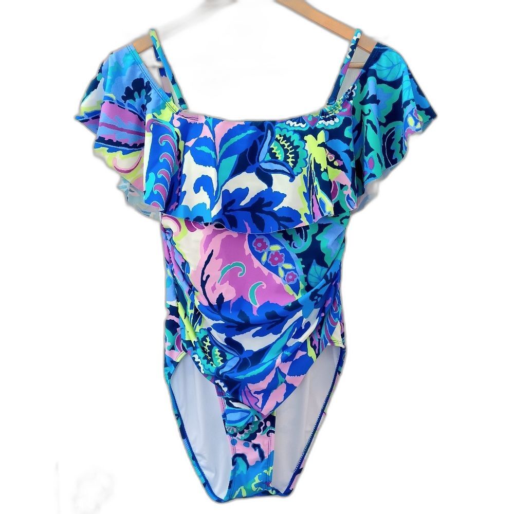 TAHARI Women’s Blue Floral Ruffle One Piece Swimsuit Large Resort Beach